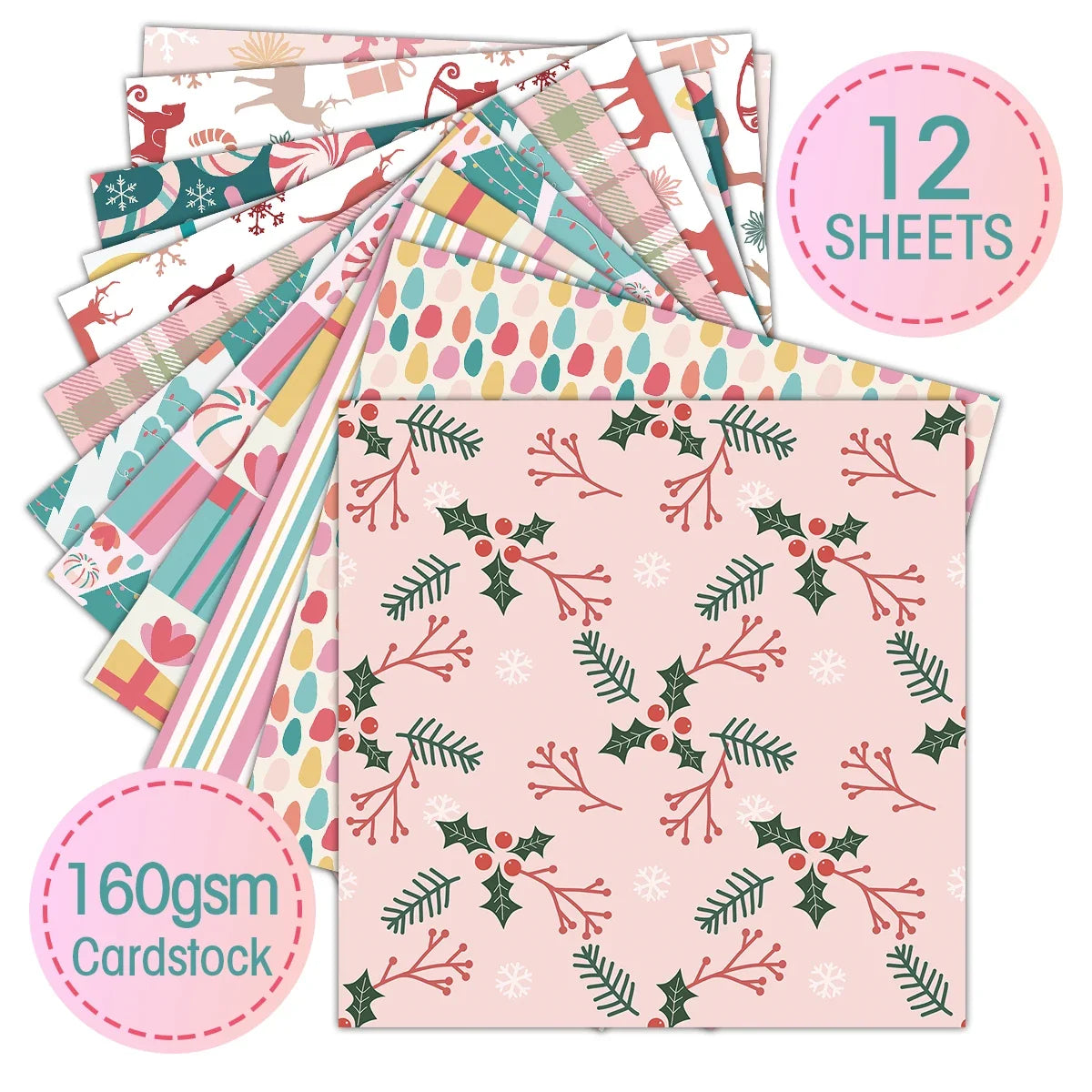 Pink Christmas Scrapbook Paper Pad | 12 Sheets Decorative Craft Papers