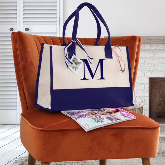 Graduation gift Tote Bags for Women Personalize, Embroidery Initial Monogram Large Bag for Mom, 100% Cotton Canvas, Bridesmaid Gift Navy