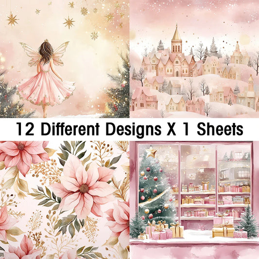 Pink Christmas Scrapbook Paper Pad | 12 Sheets Decorative Craft Papers