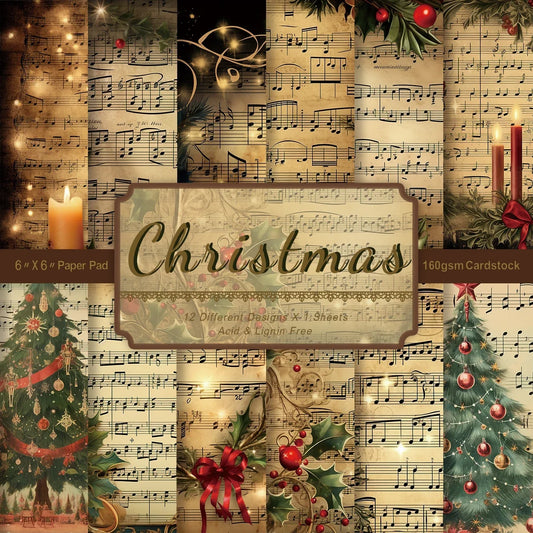 Vintage Christmas Sheet Music Scrapbook Paper Set | 12 Sheets of Decorative Decoupage Paper for DIY Crafts and Gift Wrapping