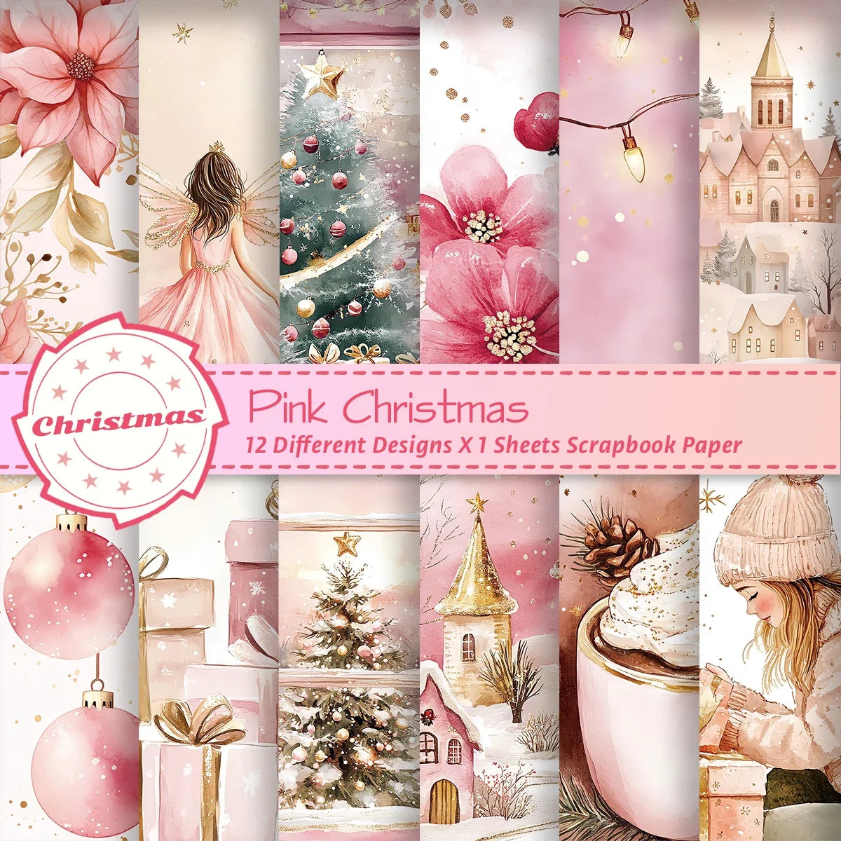 Pink Christmas Scrapbook Paper Pad | 12 Sheets Decorative Craft Papers